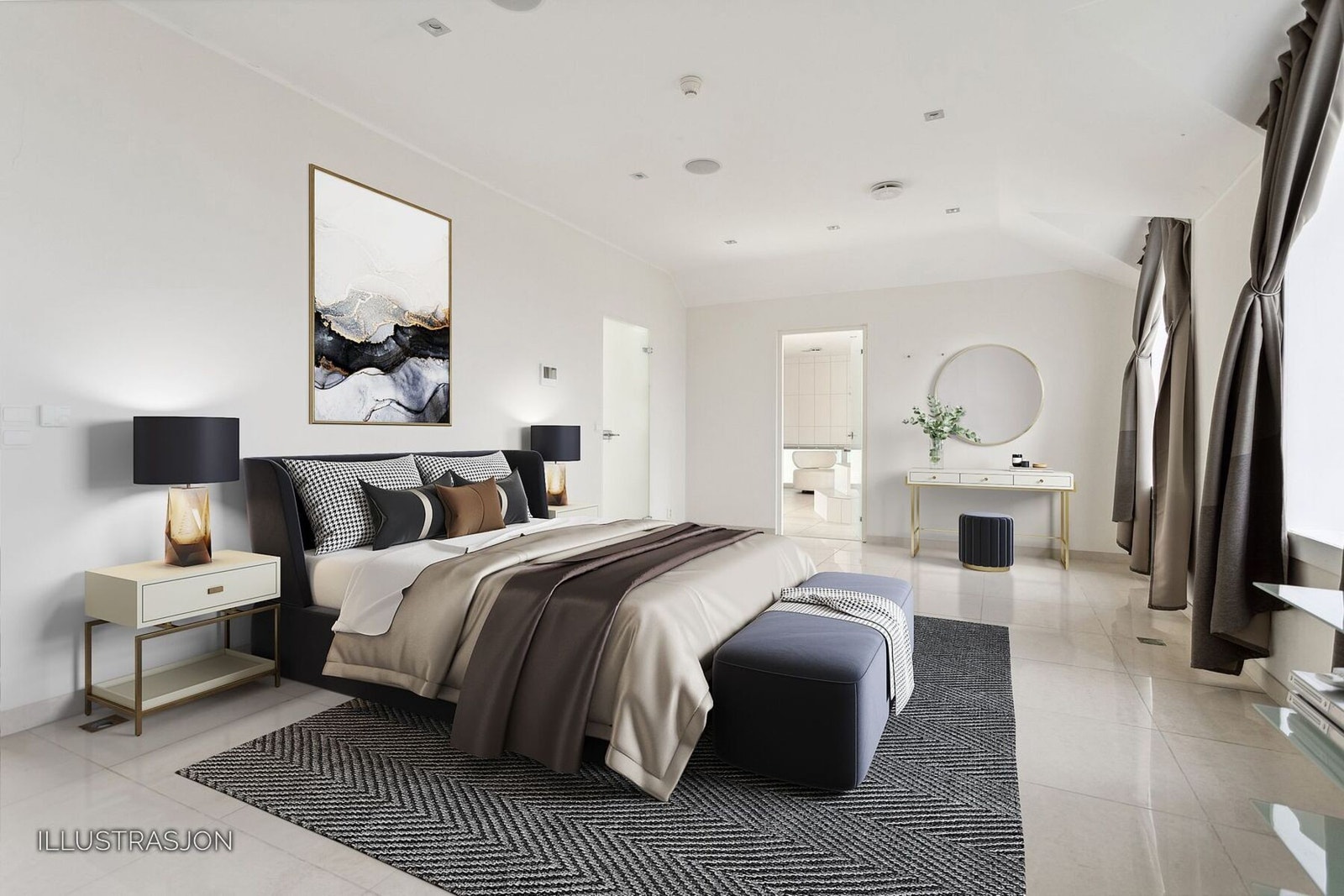 Rommet er her illustrert med møblering - viser mulighet for luksuriøs master suite med god plass til både seng, sitteområde og garderobe. Galleribilde