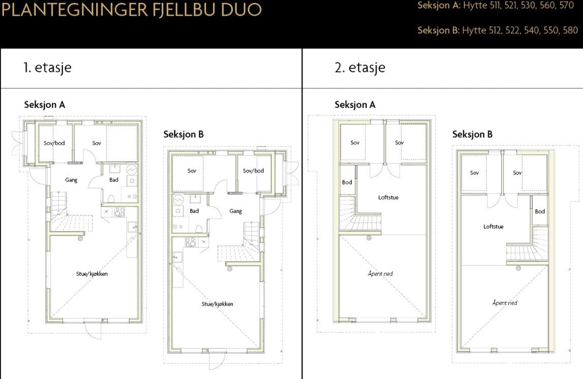 Dobbelhytte med speilvendt planløsning. Hytten presentert i denne annonsen er type seksjon B. Galleribilde