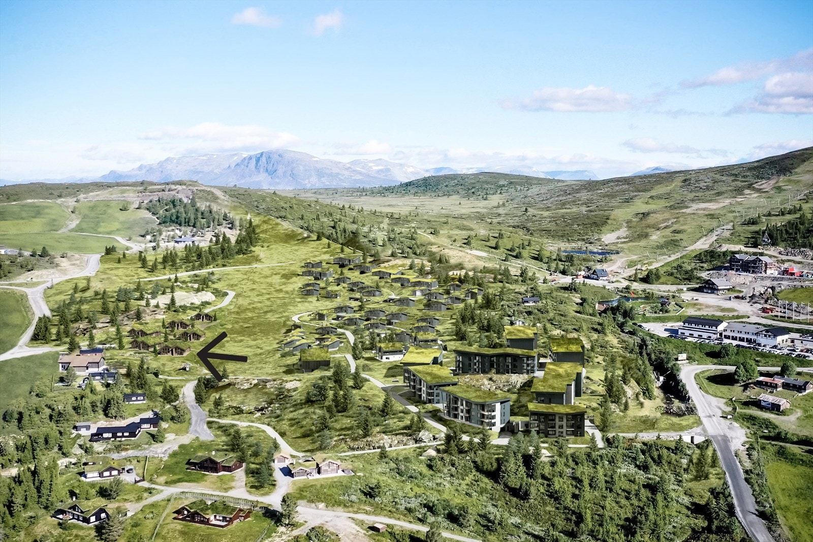 Sommerillustrasjon som viser både eksisterende og planlagt bebyggelse. Galleribilde