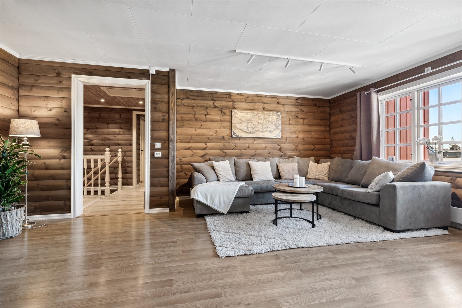 Stuen har vegger med beiset rundtømmerpanel og laminat på gulv Galleribilde