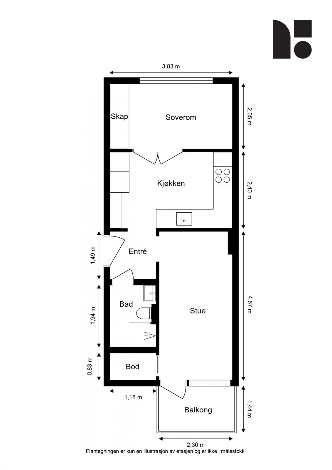 Plantegning. Leiligheten disponerer i tillegg en sportsbod på ca. 5 kvm. i kjeller. Galleribilde