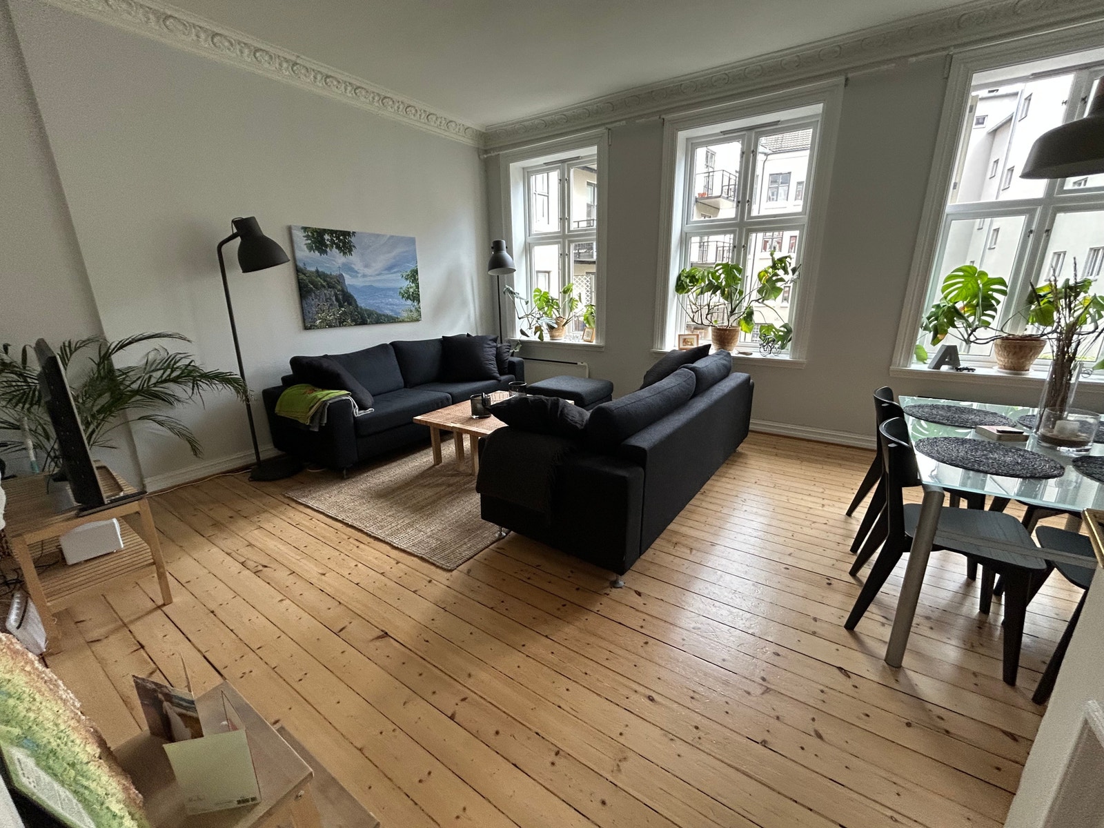 Stor lys stue, med store vinduer som vender ut mot åpent og lyst gatetun. Galleribilde