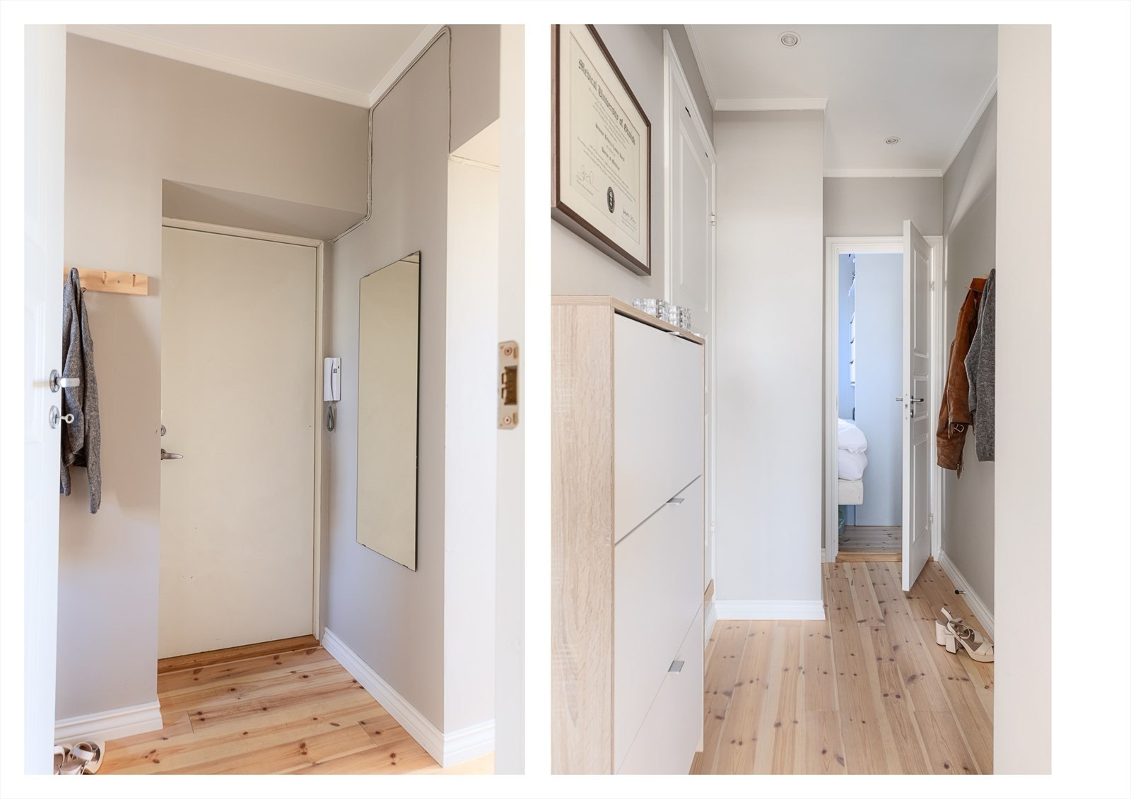 Leiligheten har en nært optimal planløsning. Her entré med skoskap og plass til yttertøy. Galleribilde