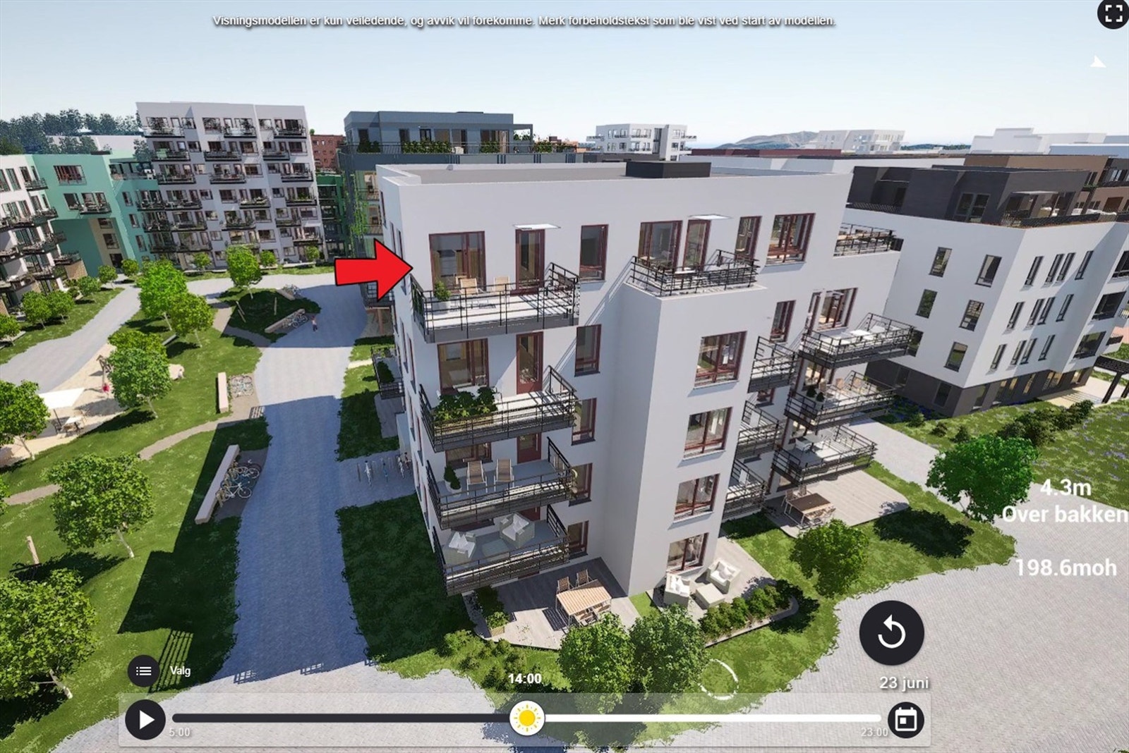 Illustrasjon | Fasade med markering av beliggenhet. Hentet fra simulator. Avvik kan forekomme. Galleribilde