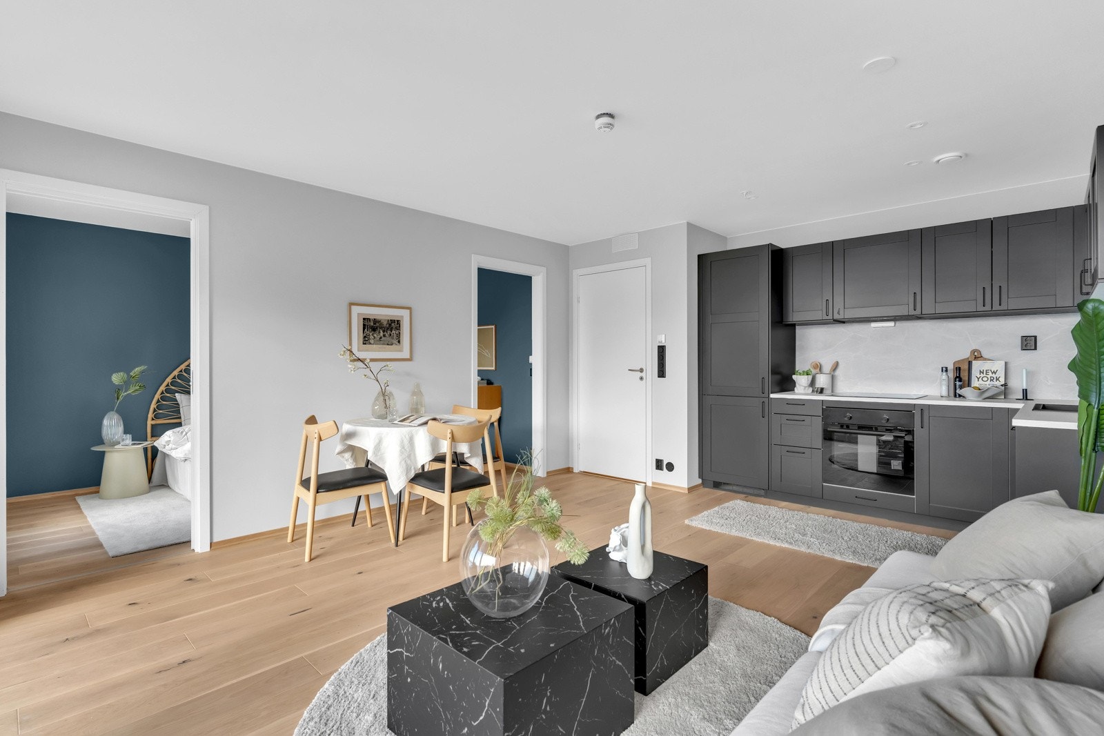 Fra stuen og kjøkkenet er det en dobbel inngang til leilighetens soverom. Galleribilde