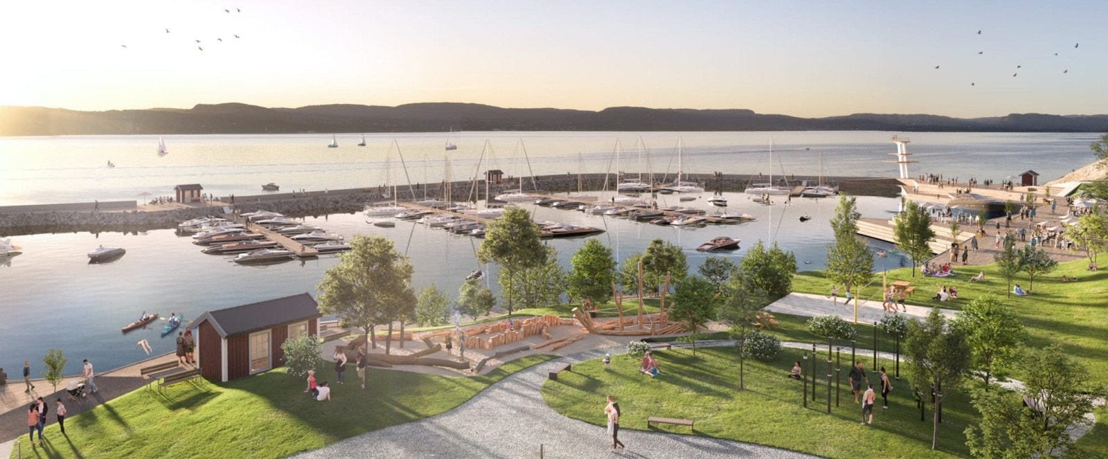 På Spro Havn ønskes det å skape et dynamisk utemiljø med gangveier, sykkelstier, turveier og en flott havne-promenade. Galleribilde