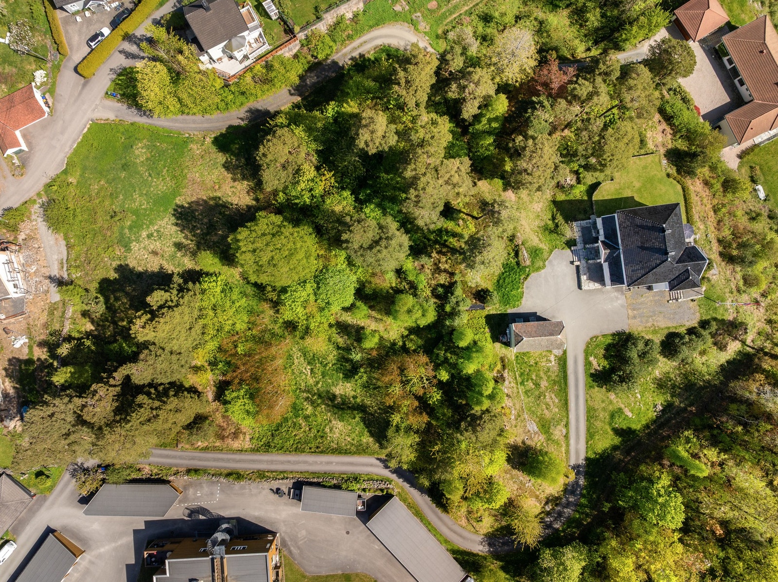 Tomten har sydøstvent hage, sydvendt terrasse, skog og stor, asfaltert gårdsplass. Galleribilde
