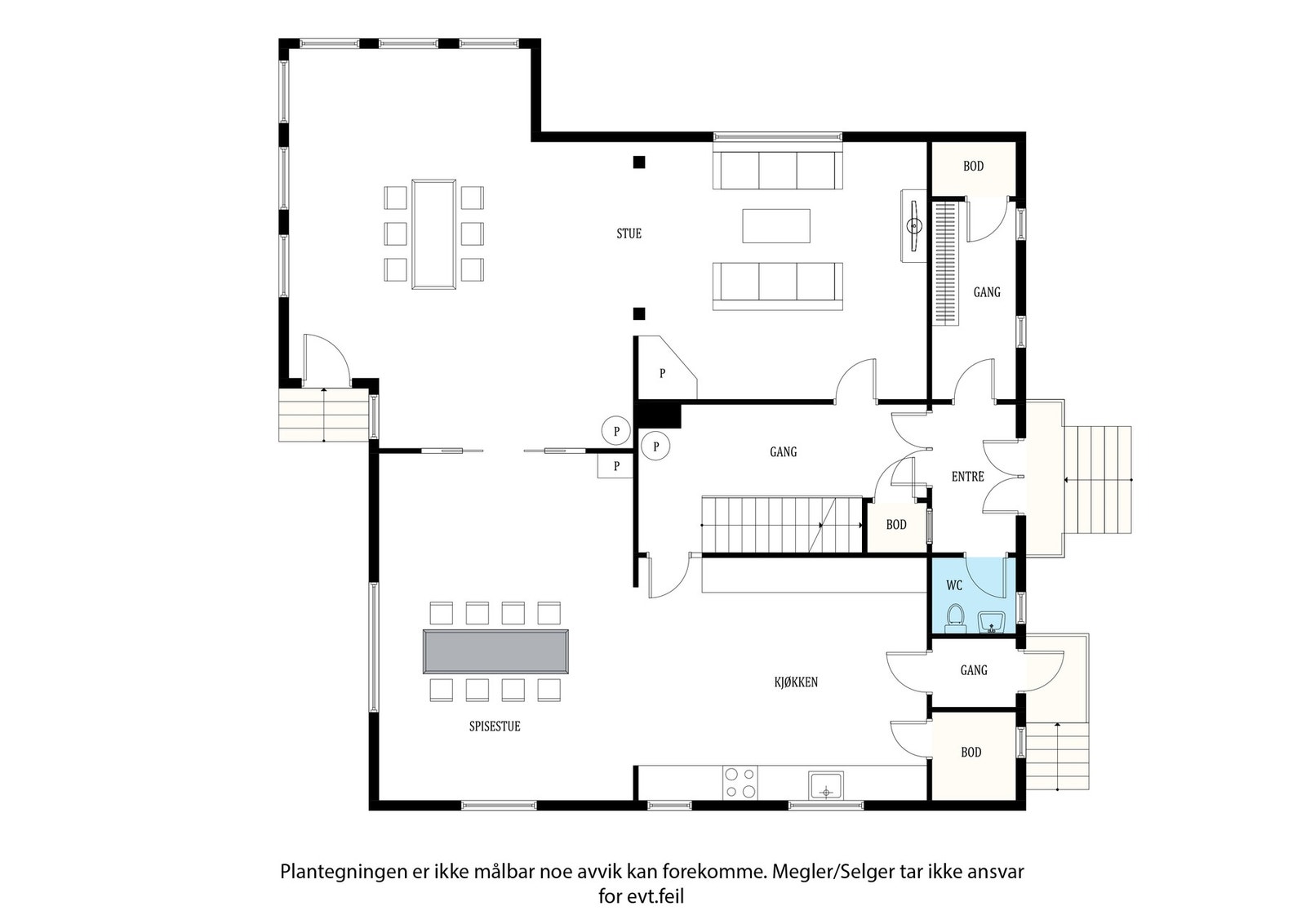 Planskisse 1. etasje: Vindfang, garderobe, gang, stuer, kjøkken, kammers, yttergang og trappegang. Galleribilde