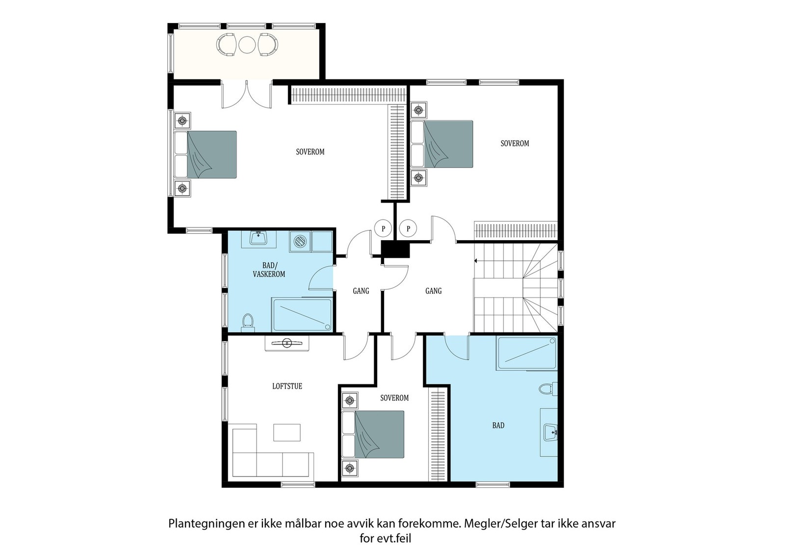 Planskisse 2. etasje: Gang, 2 bad og 4 soverom. Galleribilde