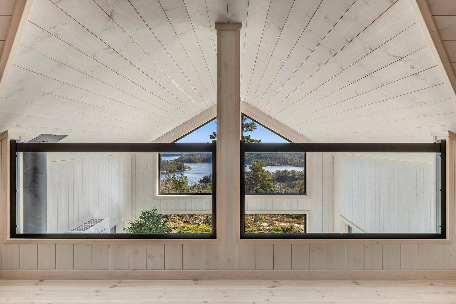 Fra hemsrommet i midten ser man ned i stuen. Foto fra en tilsvarende hytte, Polar 110. Galleribilde