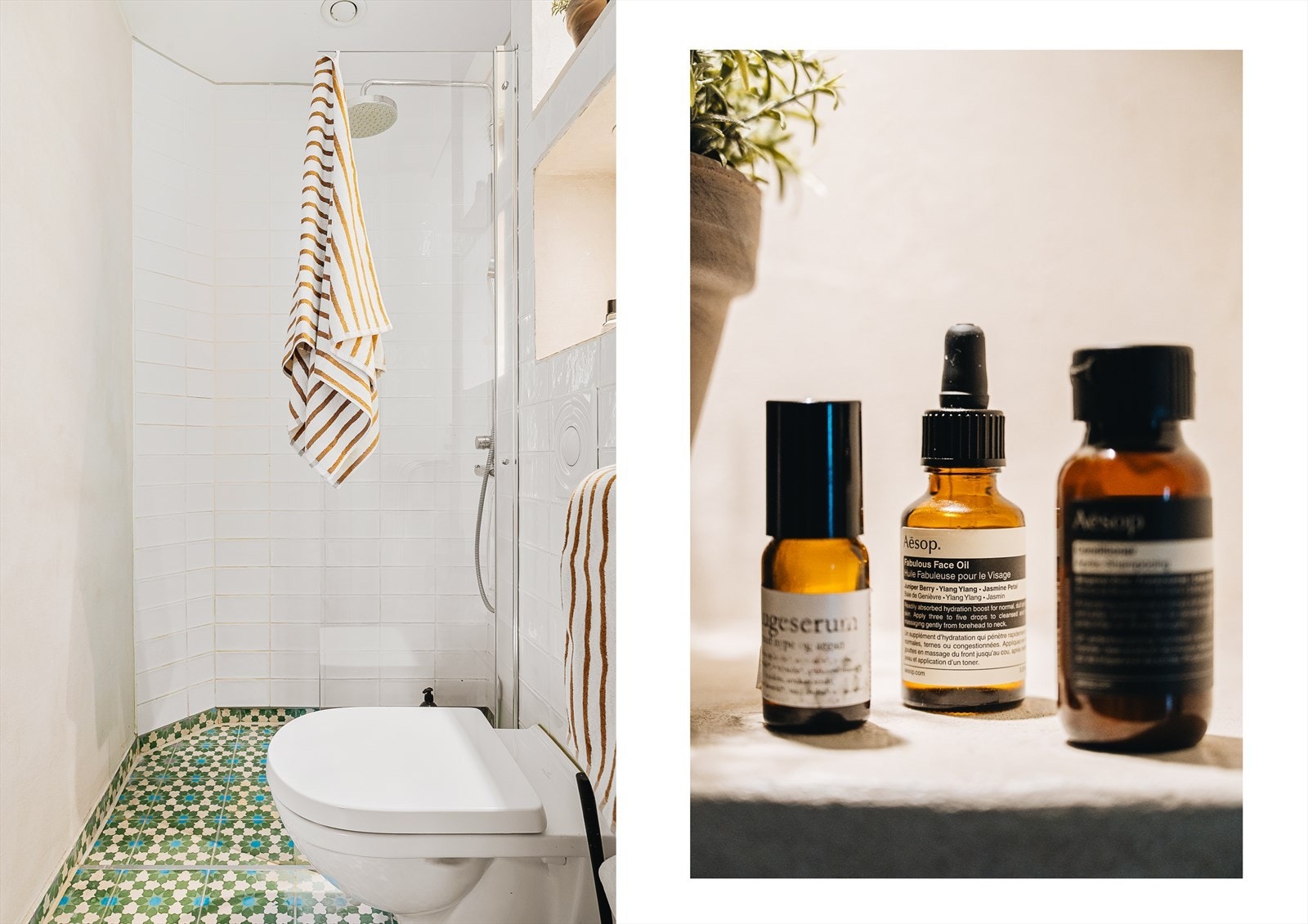 Her kombineres marokkanske fliser og mikrosement med moderne komfort som varmekabler og innebygd servant. Galleribilde