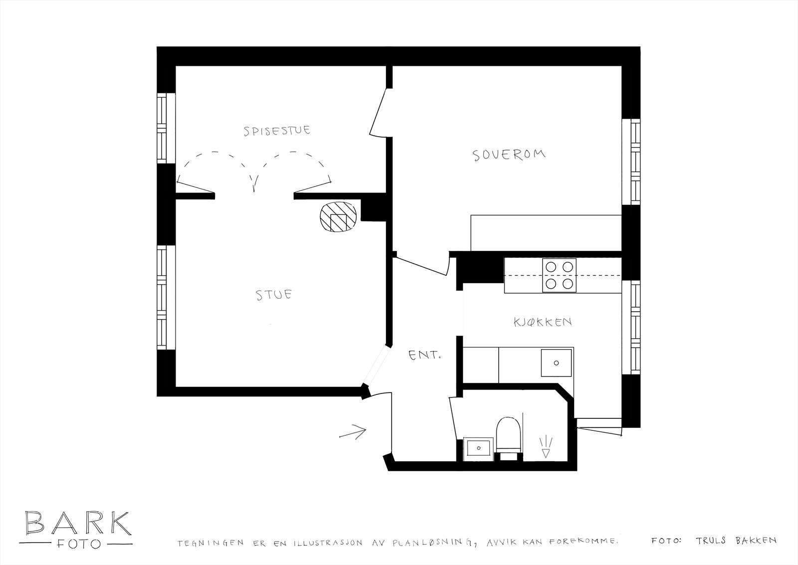 Leiligheten befinner seg i en høy første etasje og måles til 45 m². I tillegg har man en ekstern bod i underetasjen på 4 m². Arealet er funksjonelt og godt utnyttet, og den generøse takhøyden gjør opplevelsen enda romsligere. Galleribilde