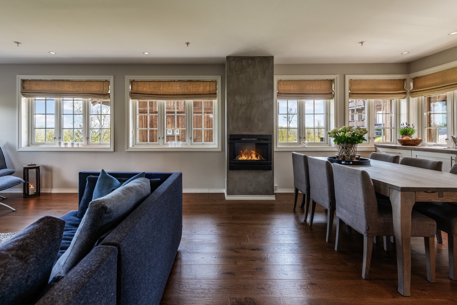 Velkommen inn i stuen - der du blir møtt av en koselig gasspeis som setter stemningen Galleribilde