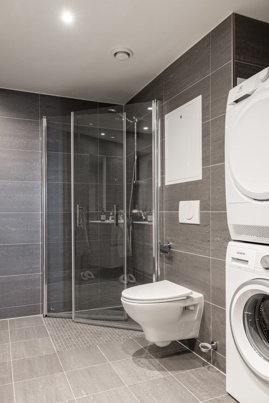 Nedsenket dusjnisje og dusjdør, servant med ett greps blandebatteri og vegghengt toalett. Galleribilde