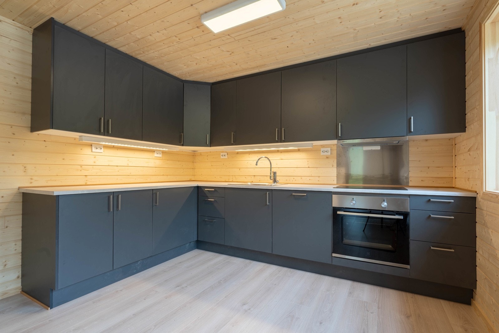 Kjøkken med takhøy innredning, oppvaskmaskin og stekovn Galleribilde