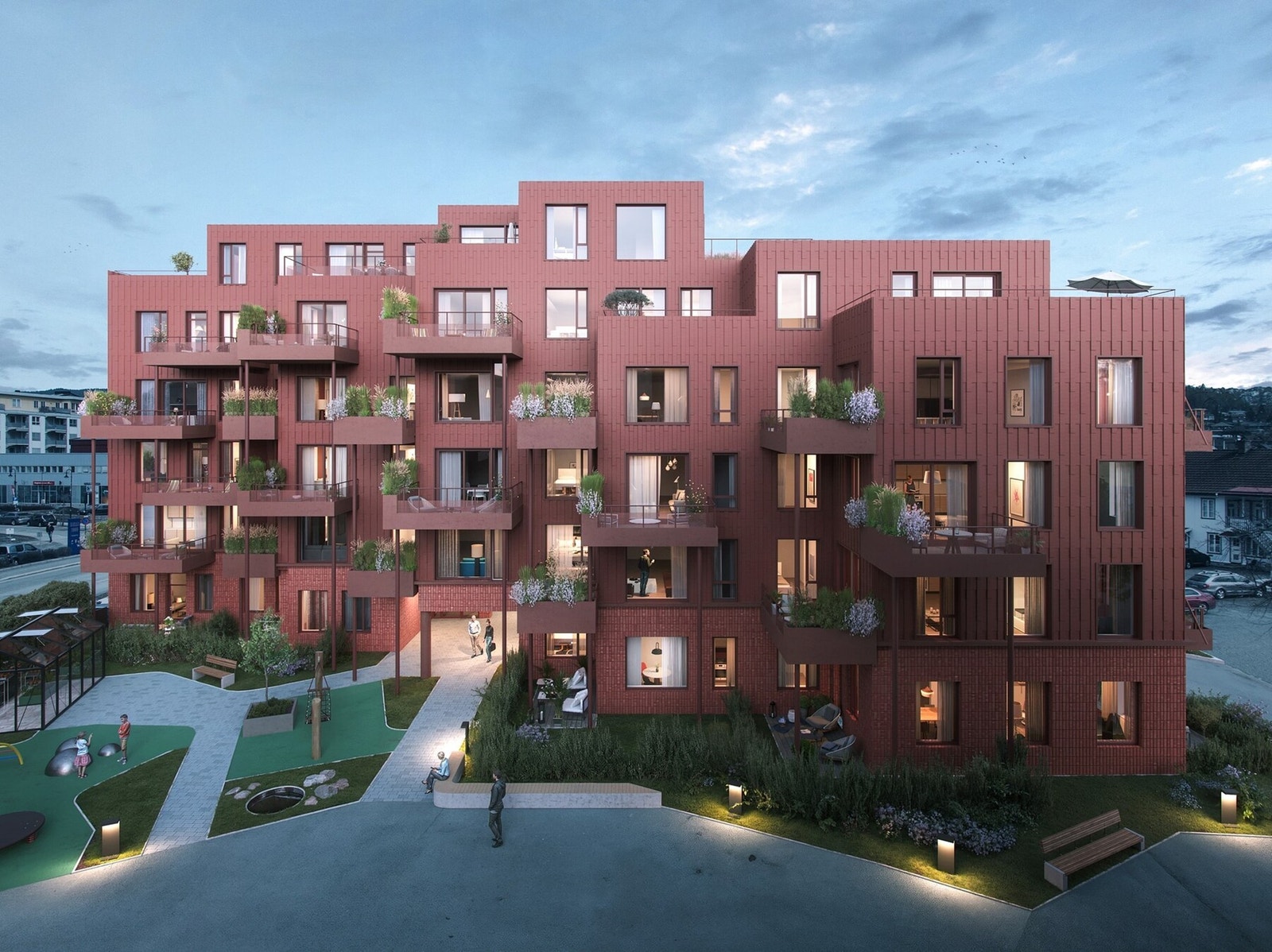 Prosjektet blir ferdig i 2026 med energieffektiv standard som vannbåren gulvvarme og balansert ventilasjon. Galleribilde