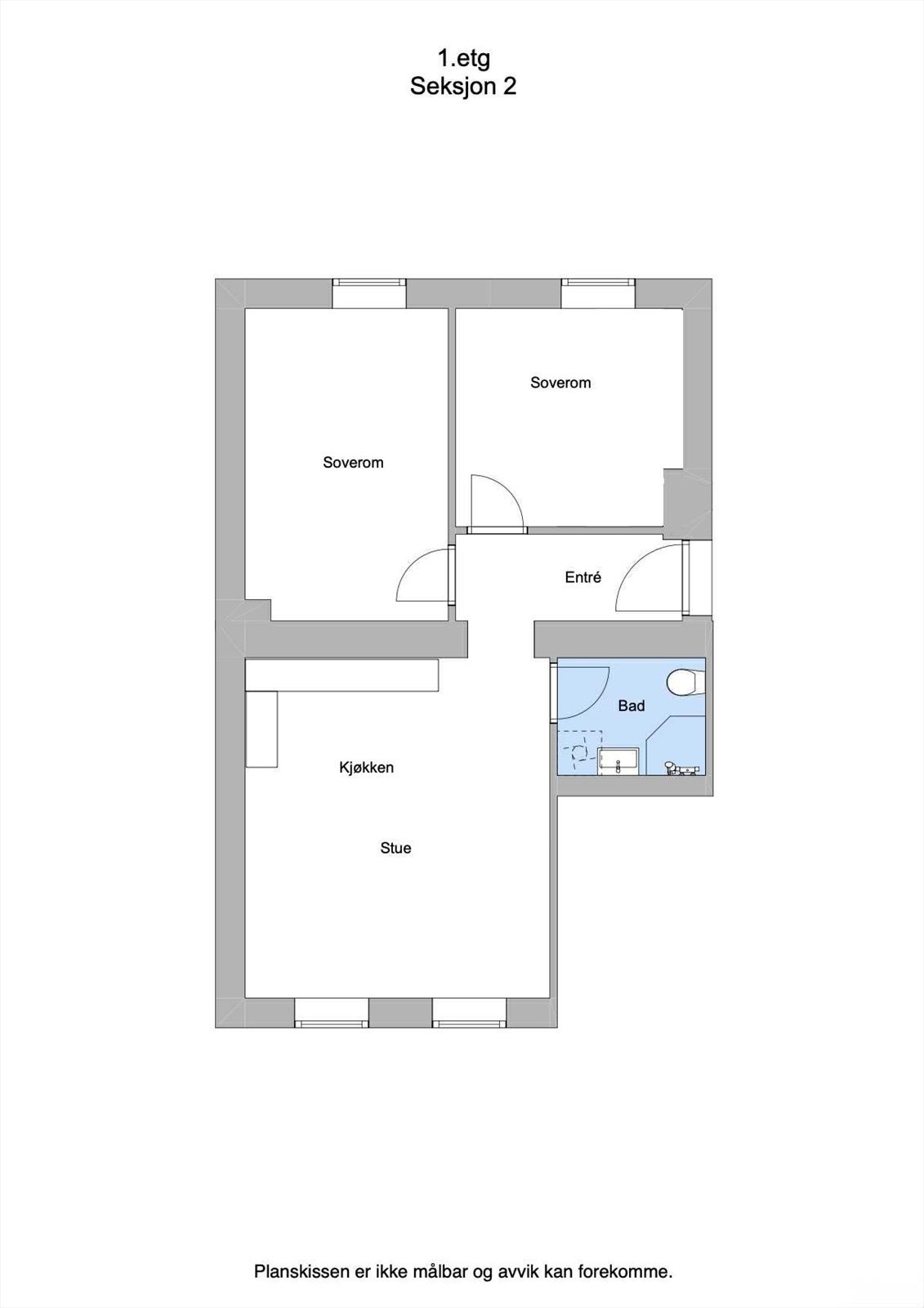 Alternativ planløsning med to soverom og åpen stue/kjøkkenløsning - (Selger og megler tar ingen ansvar/risiko på at tiltakene er gjennomførbare). Galleribilde