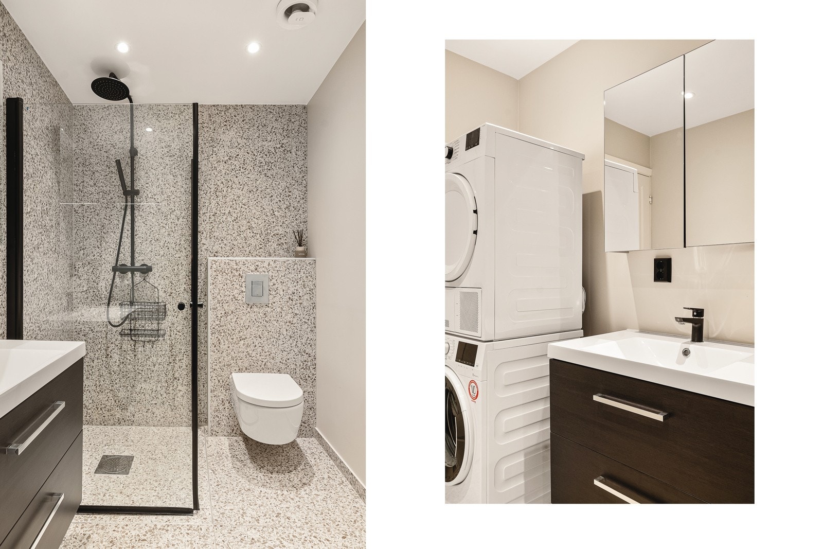 Badet er moderne og lekkert, med sorte detaljer og elektriske varmekabler for ekstra komfort. Galleribilde