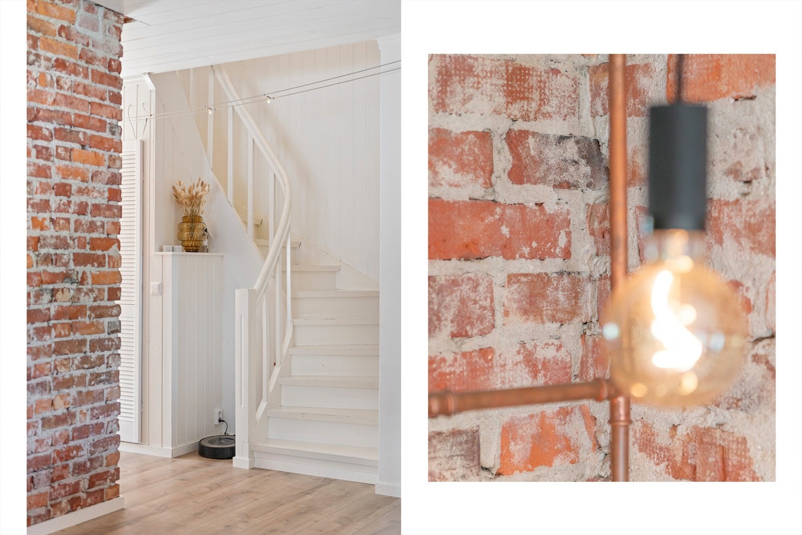 Det rustikke blir trukket inn med flott teglstensvegg og kobberlamper Galleribilde