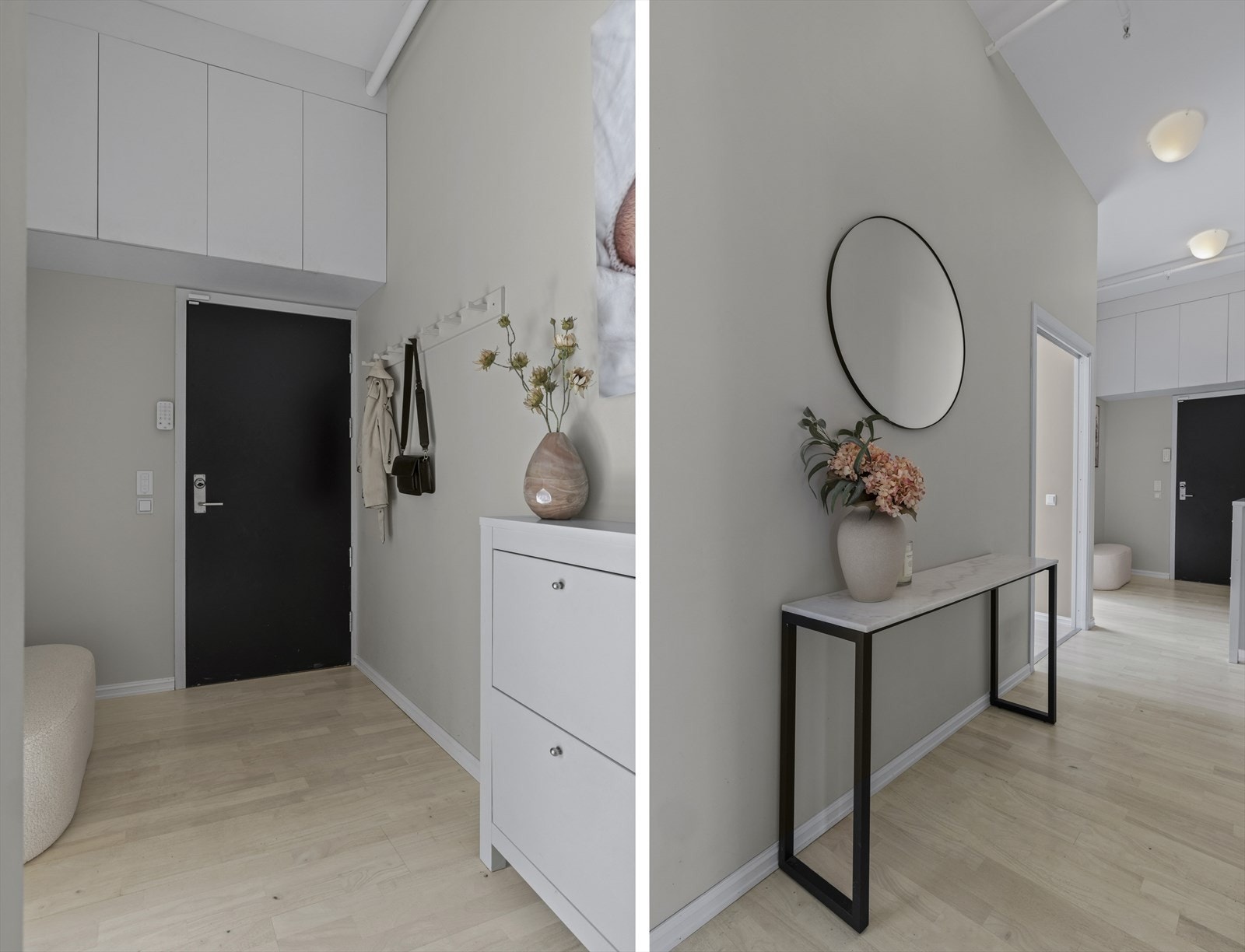 Det er også plass til andre oppbevaringsløsninger som f.eks. kommode, skoskap (medfølger) etc. Dørcallinganlegg med portåpner. Galleribilde