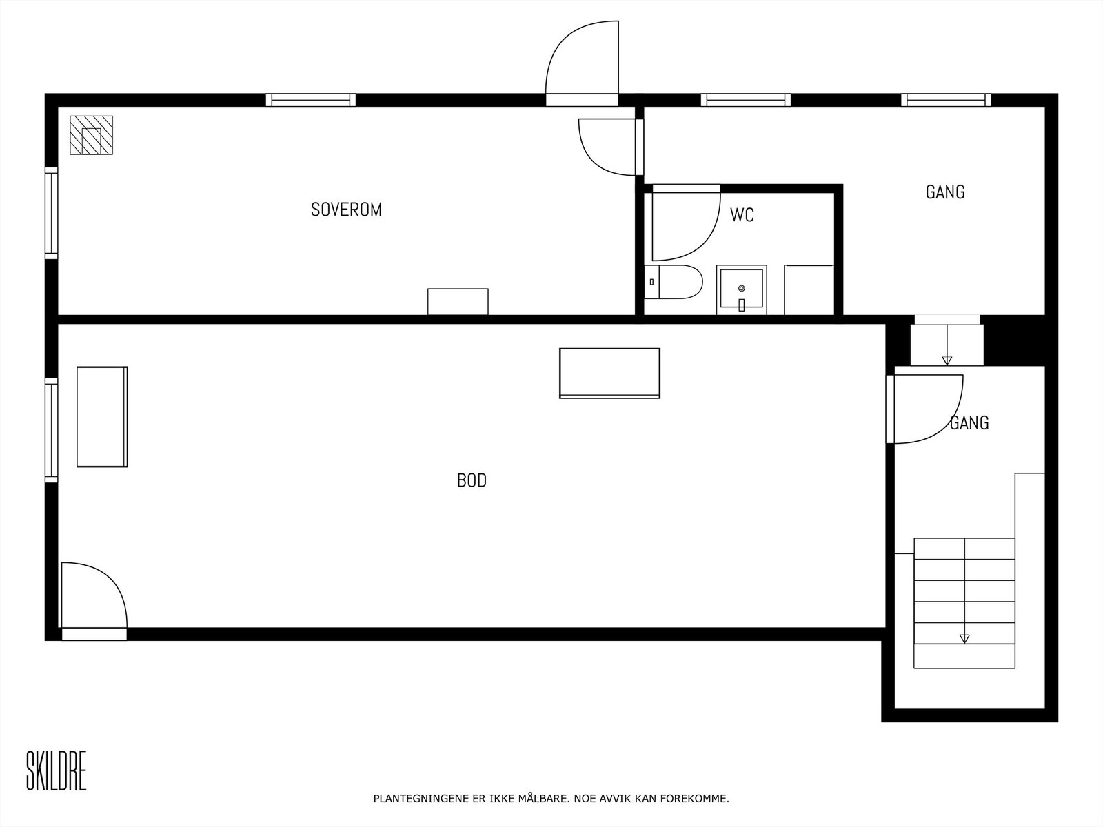 Plantegning kjeller. Betegnelse "soverom" er ikke et rom som er godkjent som soverom Galleribilde