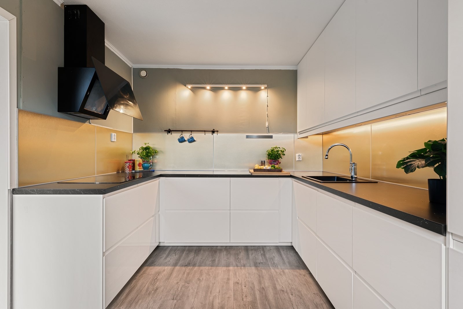 - Optimale arbeidsforhold for matlagingen med en langstrakt benkeplate og downlights - Galleribilde