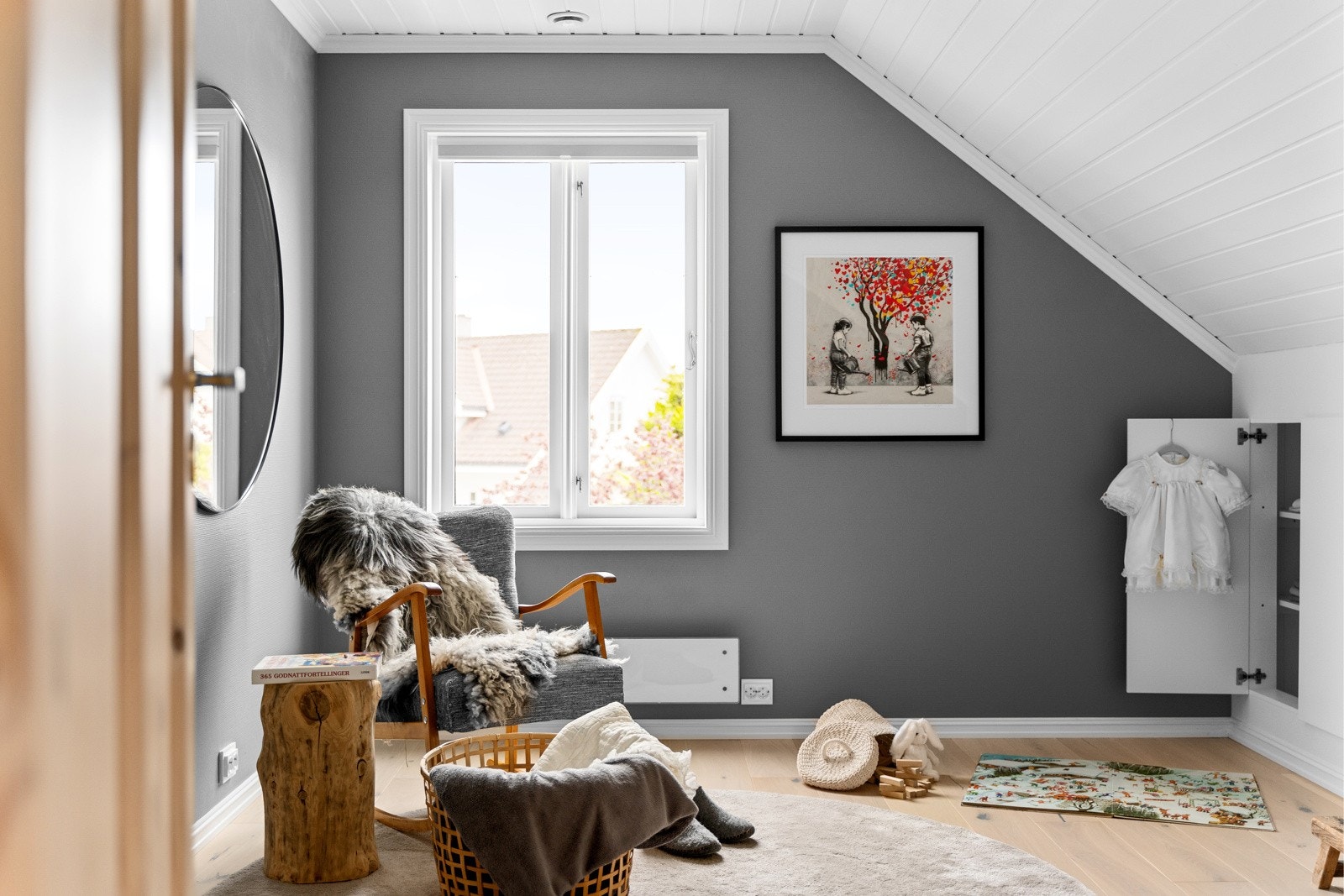 Malt tak og vegger. Innebygde skap i knevegg. Galleribilde