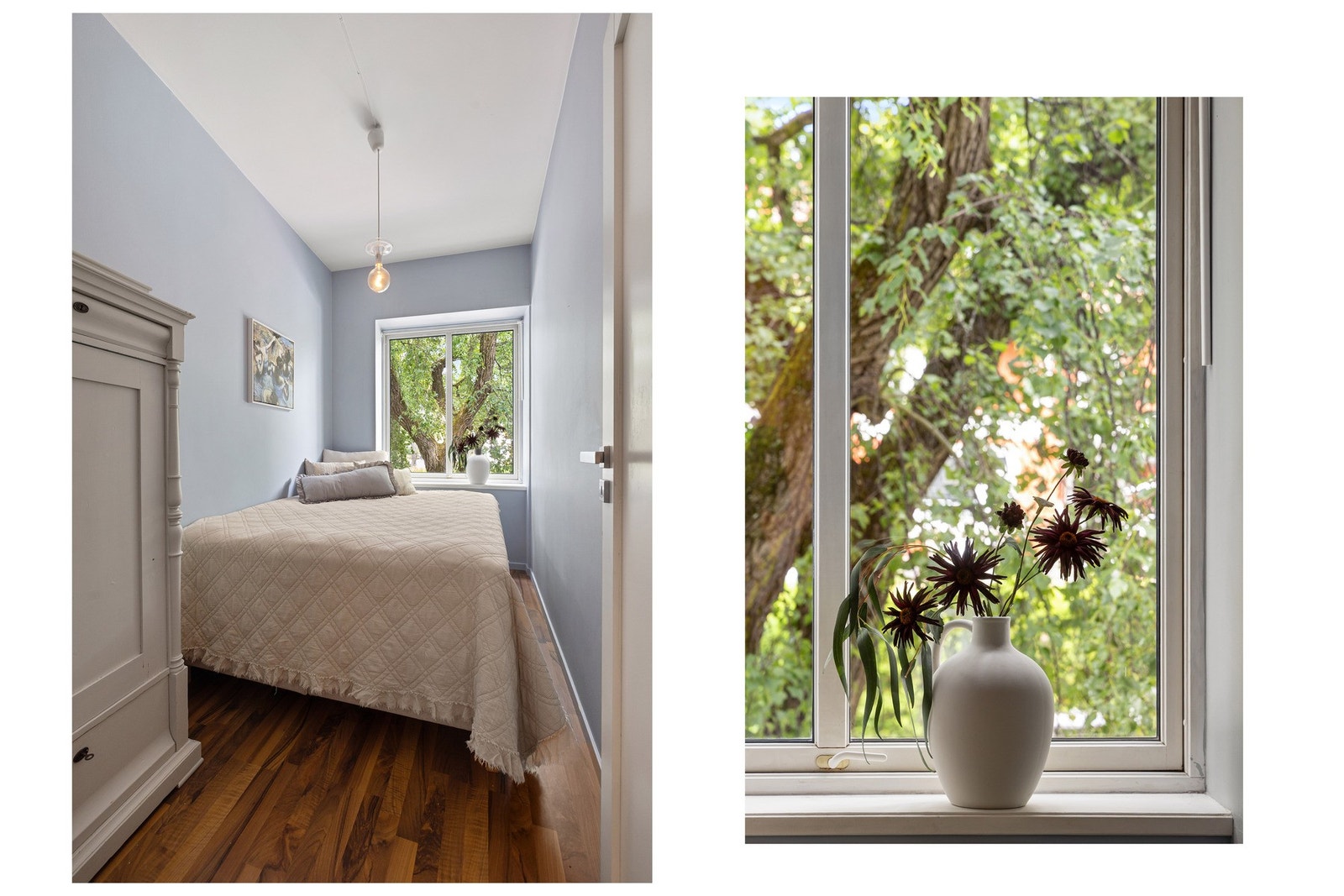 Et stort vindu vender ut mot et frodig tre, noe som gir en grønn og fredelig utsikt samt godt med naturlig lys Galleribilde