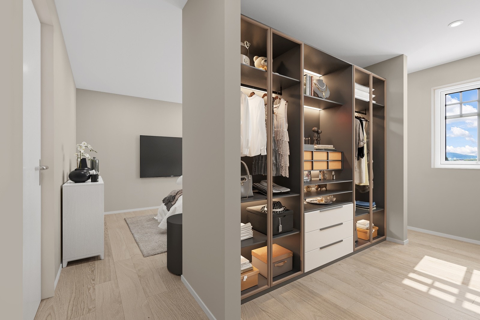 Hovedsoverommet har et omkledningsrom med mulighet for walk-in garderobe. Galleribilde