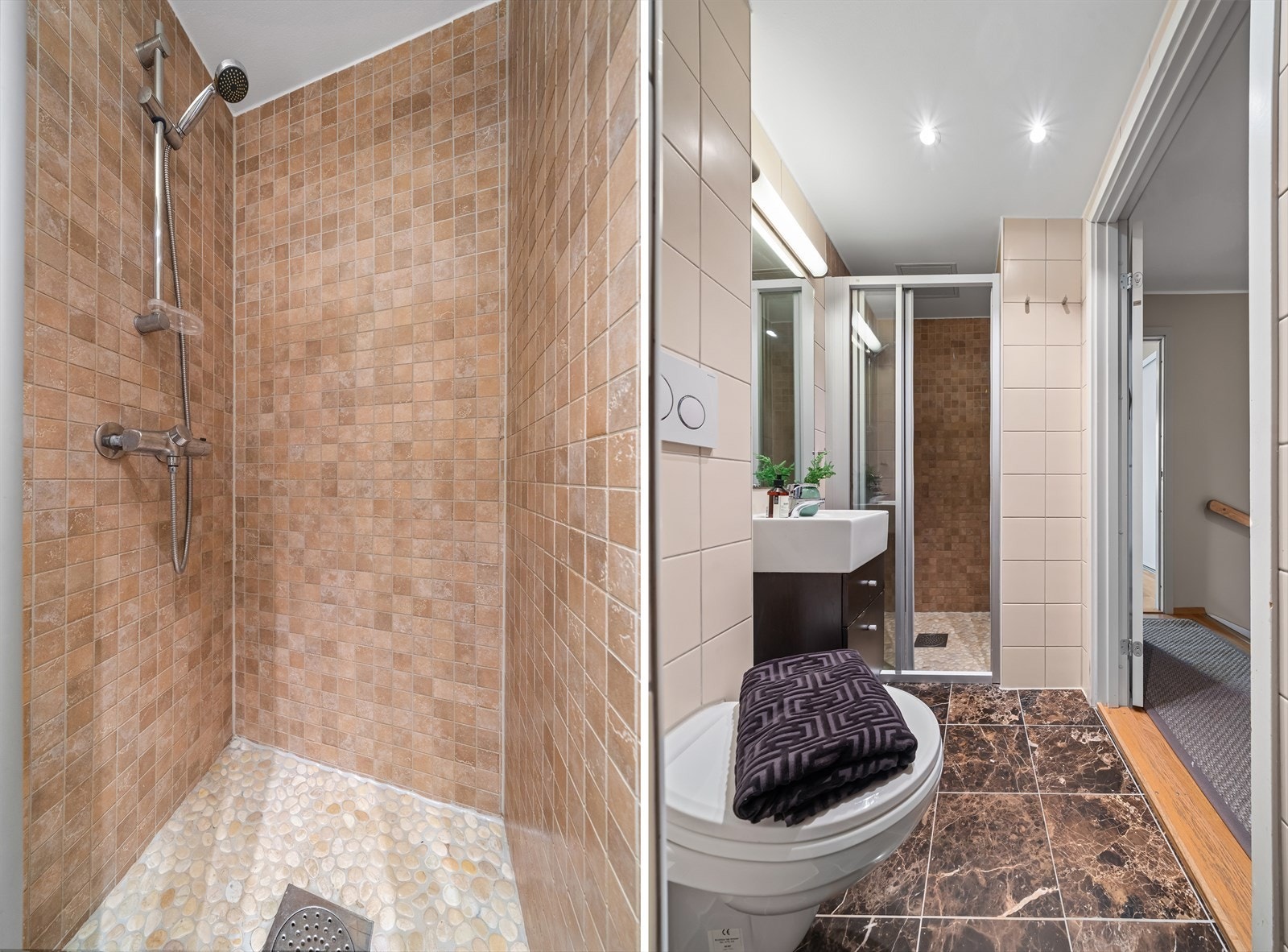 - Badet er innredet med vegghengt klosett, servant med innredning og dusjhjørne med skyvbar glassdør. Det er opplegg for vaskemaskin - Galleribilde