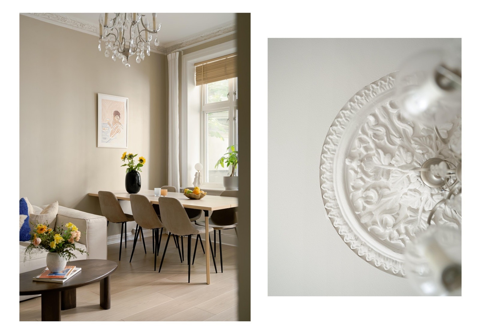 Vi er jo ekstra svake for de klassiske kvalitetene med rosett, stukkatur og svært god takhøyde. Og det er kanskje ikke så rart, for se så fint det er! Galleribilde