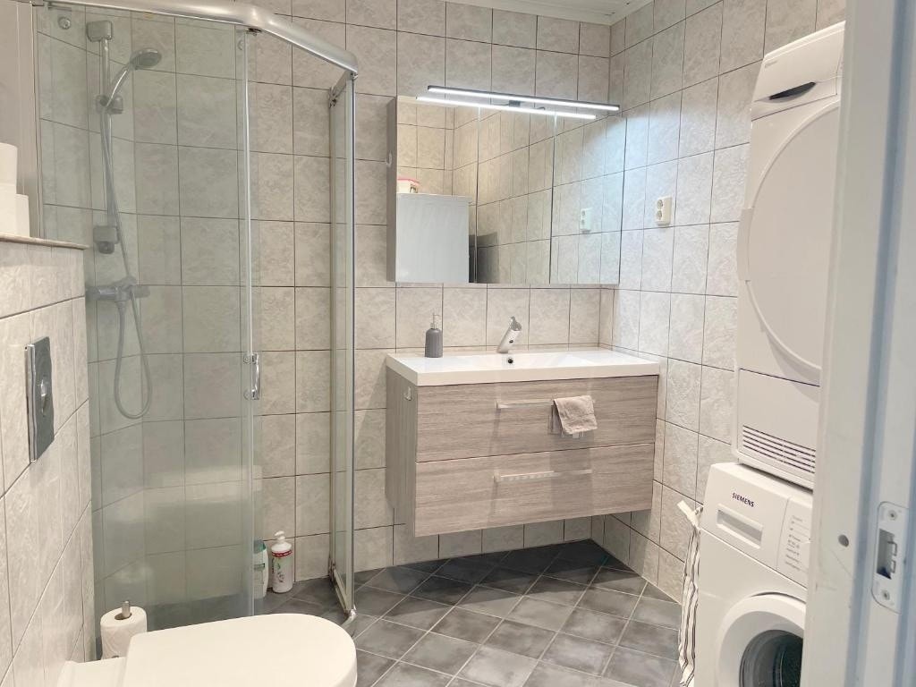 Bad med dusj, vaskemasking og tørketrommel Galleribilde