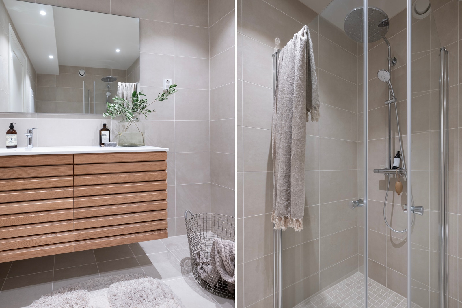 Eget bad tilknyttet hovedsoverom med servant i skuffeseksjon, dusj og wc. (Bilde fra annen, tilsvarende bolig i prosjektet) Galleribilde