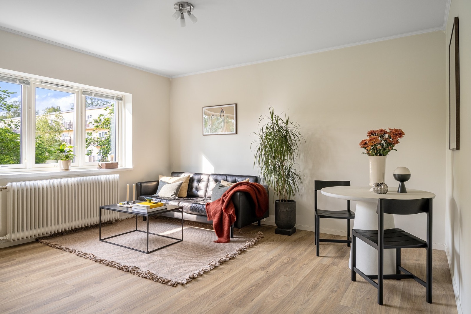 Leiligheten har en lys og innbydende stue. Galleribilde