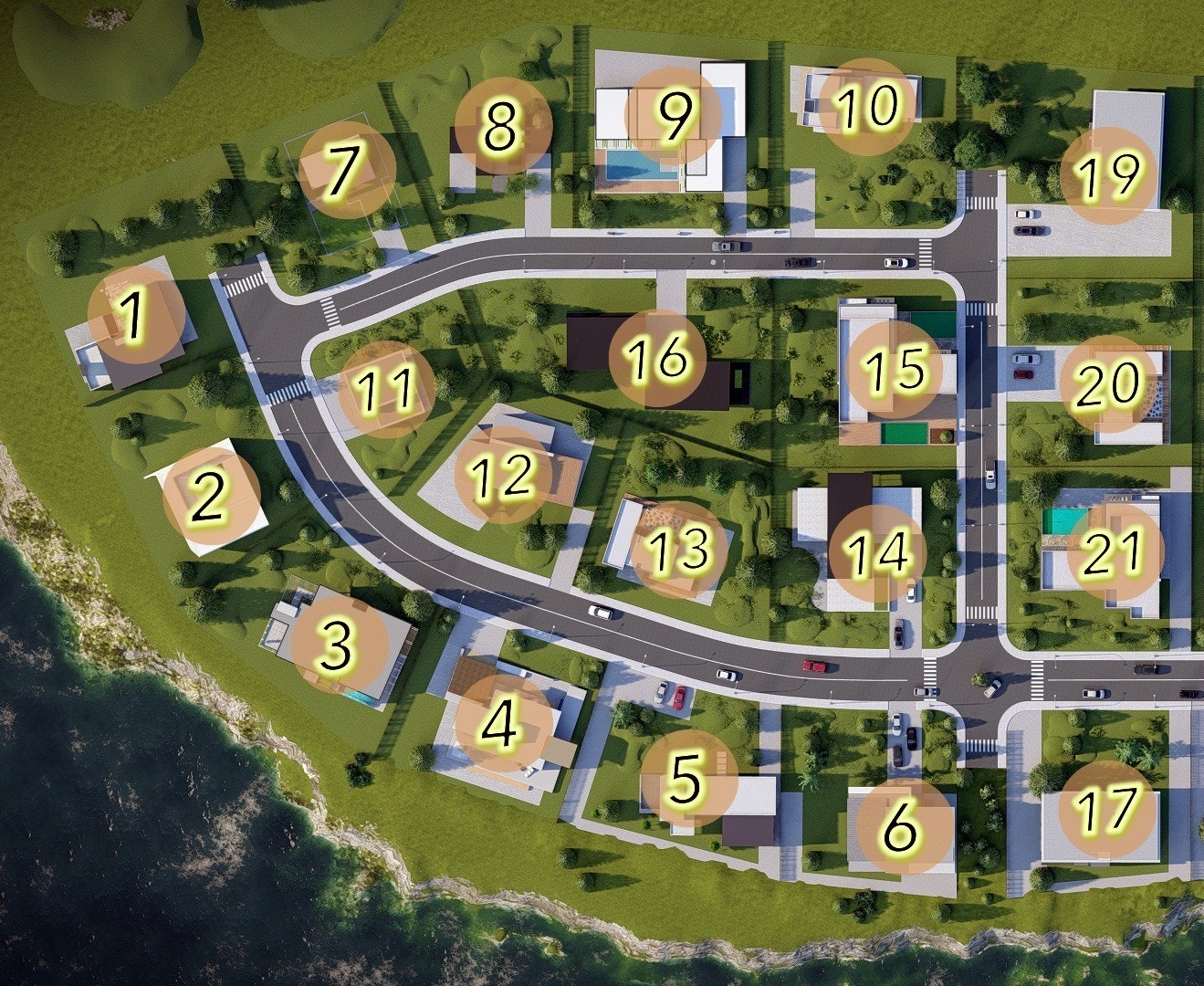 Oversiktsbilde av de 20 tomtene med nummer Galleribilde