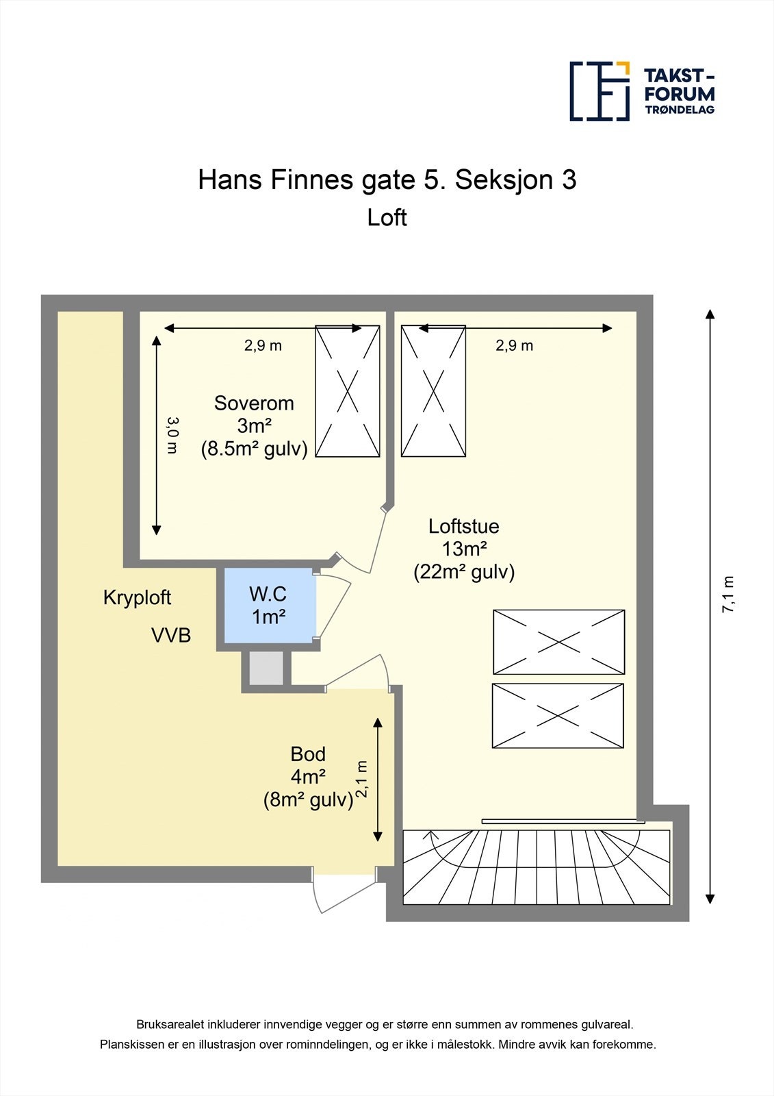 Ta en titt på planskissen og gjør deg kjent med romfordelingen. Her fra loft etasjen. Galleribilde