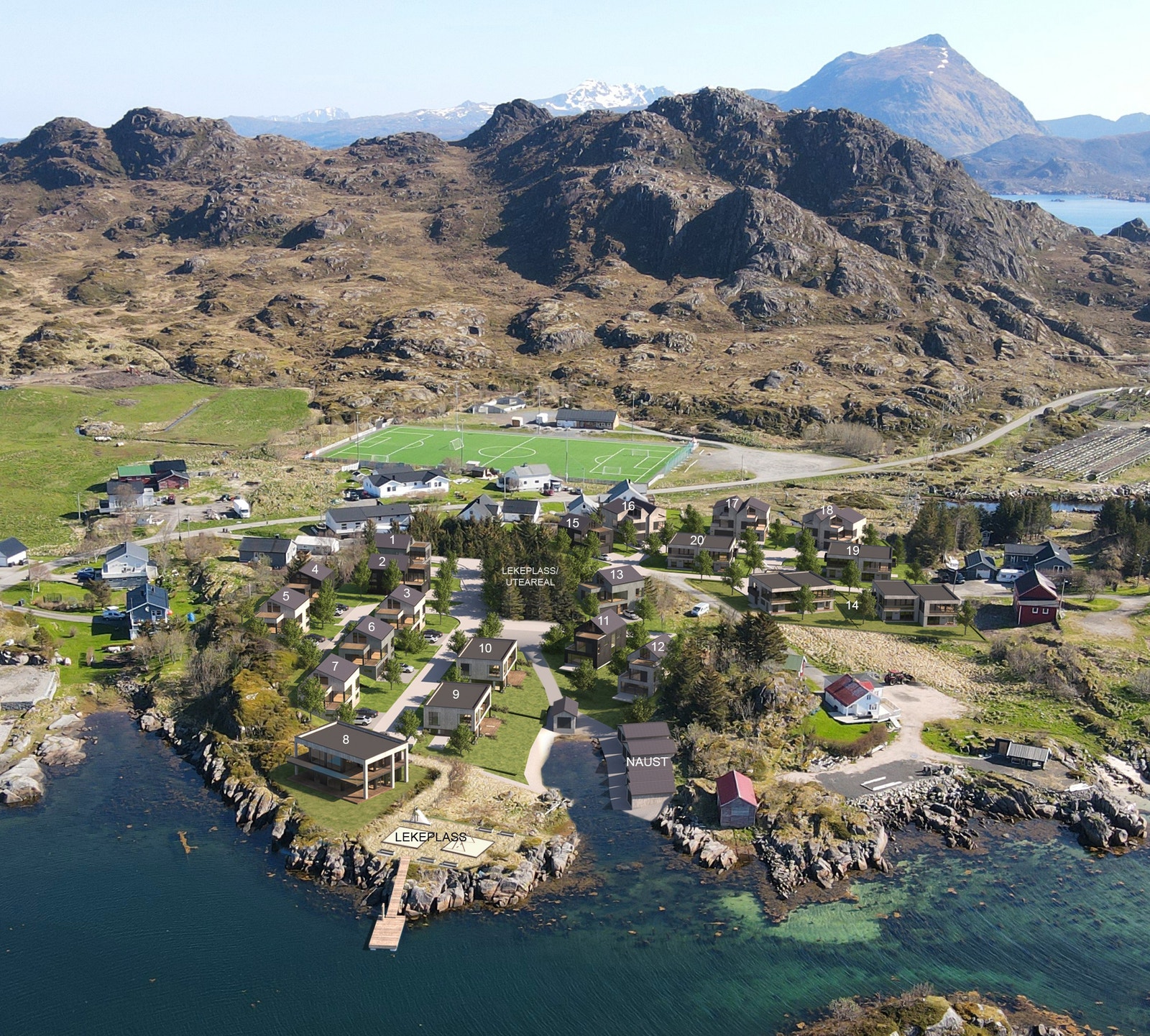 Lekeplass, friområde, fotballbane og mulighet for flytebrygge og naust. Galleribilde