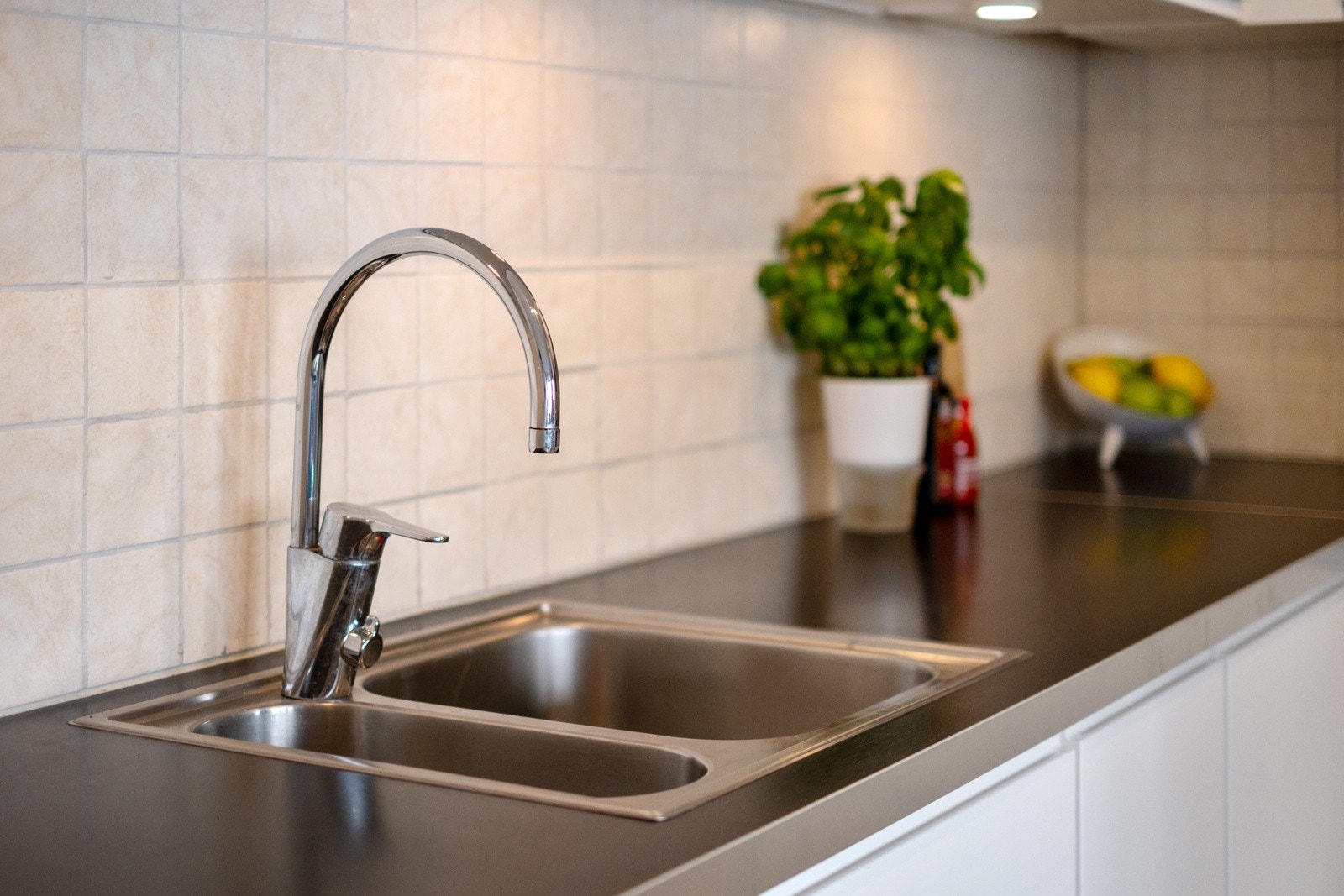 Kjøkkenet har god arbeidsplass og oppbevaringsmuligheter for servise og annet kjøkkenutstyr. Galleribilde