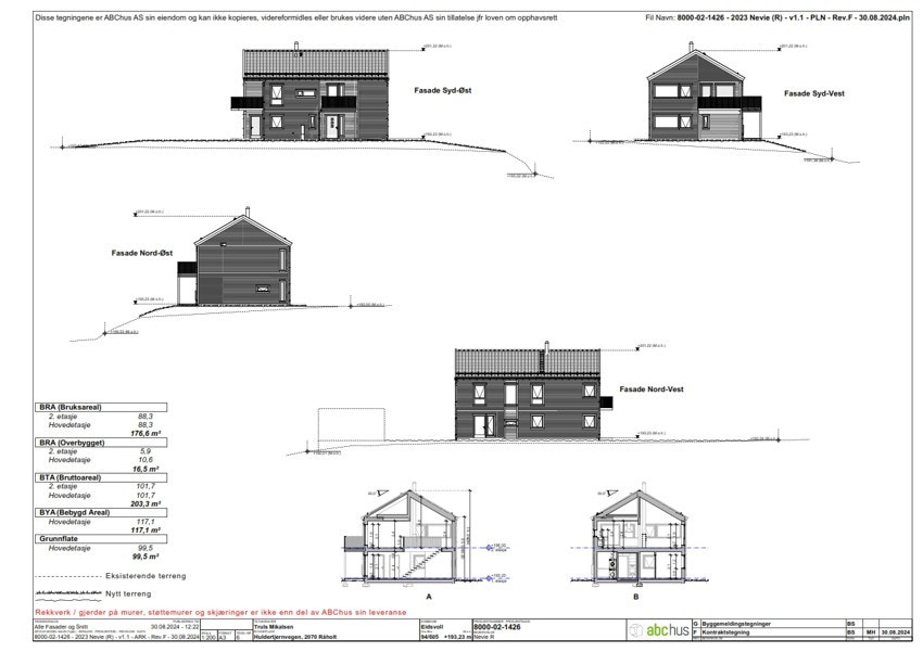Illustrasjon av byggetegning som viser til omsøkt enebolig på tomten fra ABChus. Det gjøres særskilt oppmerksom på at tomten selges alene uten noen form for byggeklausul. Galleribilde