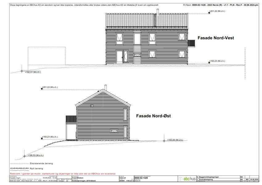 Illustrasjon av byggetegning som viser til omsøkt enebolig på tomten fra ABChus. Det gjøres særskilt oppmerksom på at tomten selges alene uten noen form for byggeklausul. Galleribilde