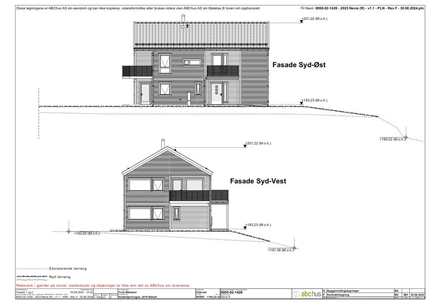 Illustrasjon av byggetegning som viser til omsøkt enebolig på tomten fra ABChus. Det gjøres særskilt oppmerksom på at tomten selges alene uten noen form for byggeklausul. Galleribilde