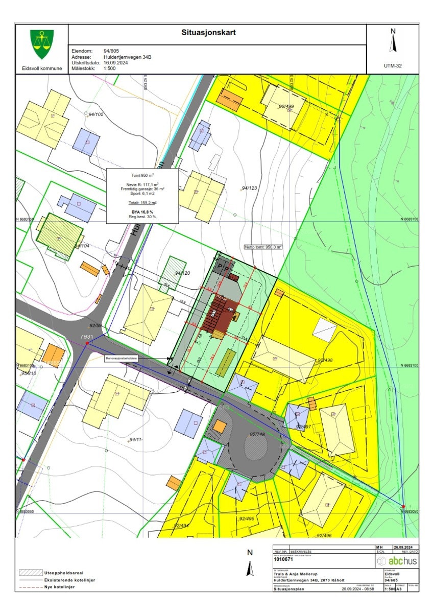 Situasjonskart for eiendommen tegnet inn med omsøkt enebolig fra ABChus. Galleribilde