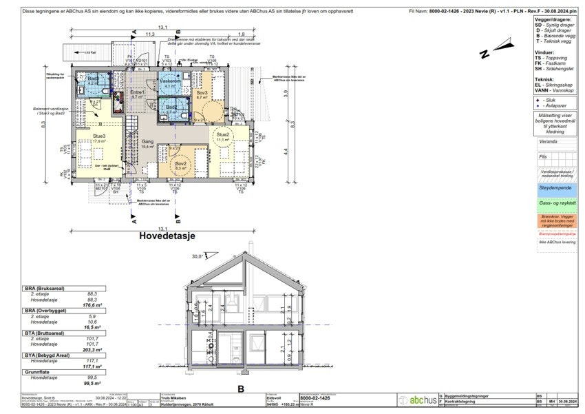 Illustrasjon av planløsning for omsøkt enebolig med praktikantdel. Det gjøres særskilt oppmerksom på at tomten selges alene uten noen form for byggeklausul. Galleribilde