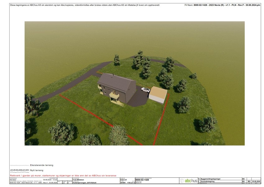 Illustrasjonen er kun ment for å vise til byggesøkt enebolig. Det gjøres oppmerksom på at området rundt eneboligen er bebygd og at vedlagt illustrasjon således er misvisende. Kjøper oppfordres til å besiktige området selv - tomten kan fritt besiktiges. Galleribilde