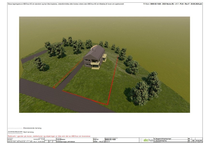 Illustrasjonen er kun ment for å vise til byggesøkt enebolig. Det gjøres oppmerksom på at området rundt eneboligen er bebygd og at vedlagt illustrasjon således er misvisende. Kjøper oppfordres til å besiktige området selv - tomten kan fritt besiktiges. Galleribilde