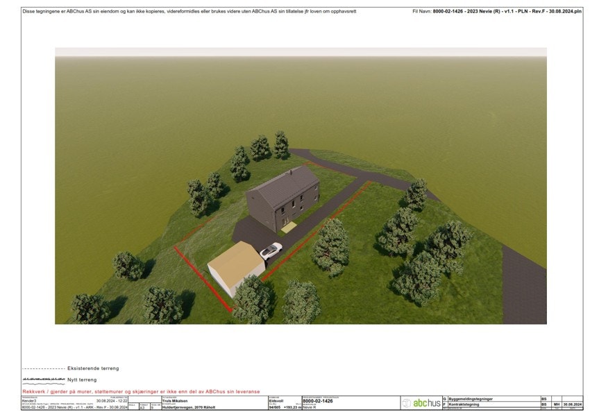 Illustrasjonen er kun ment for å vise til byggesøkt enebolig. Det gjøres oppmerksom på at området rundt eneboligen er bebygd og at vedlagt illustrasjon således er misvisende. Kjøper oppfordres til å besiktige området selv - tomten kan fritt besiktiges. Galleribilde
