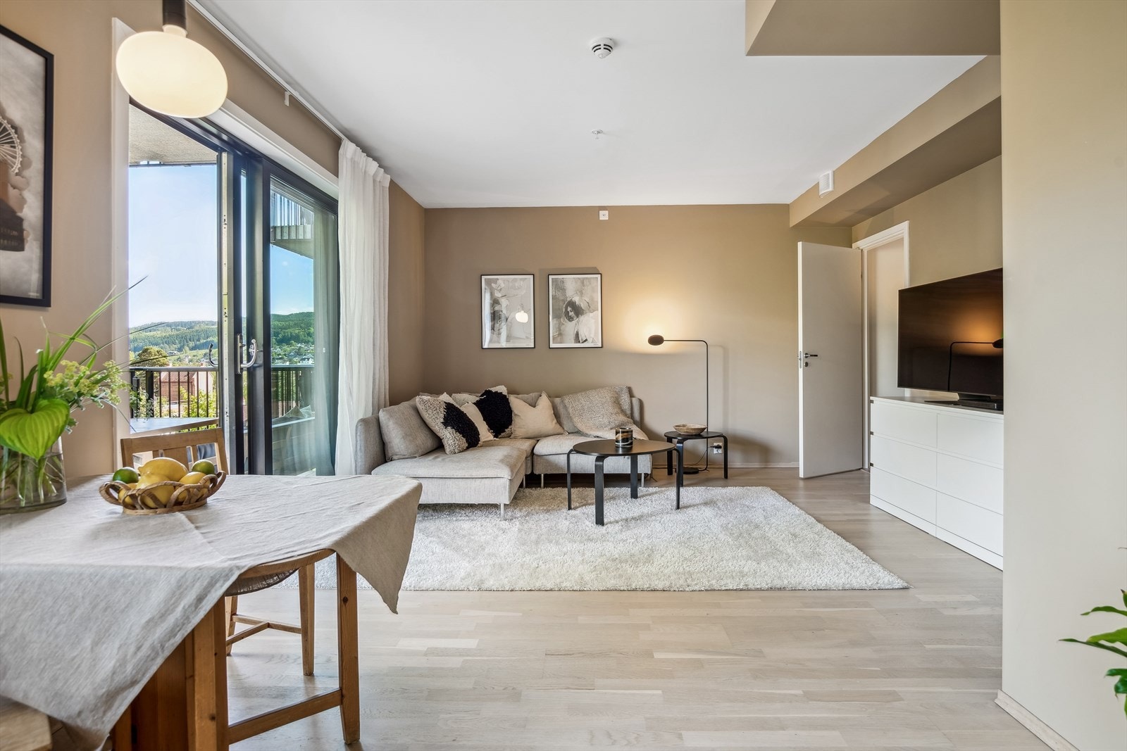 Det er plass til spisebord og sofagruppe. Galleribilde