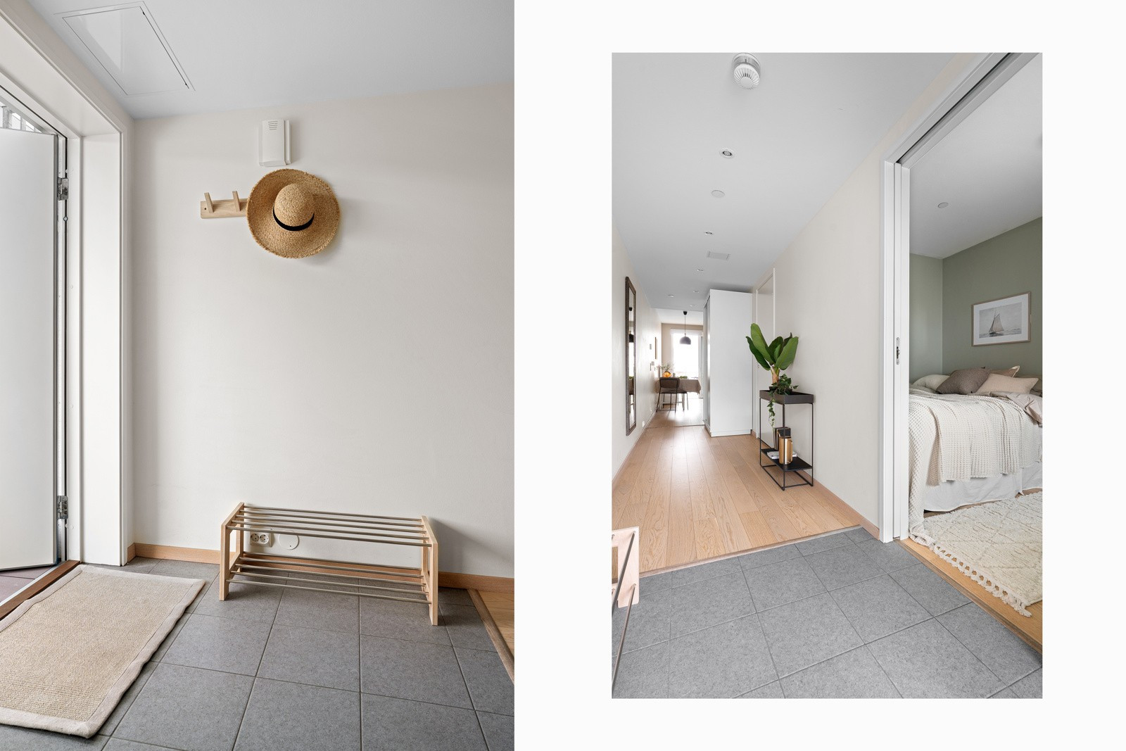 Velkommen inn! Flislagt entré med plass til garderobeløsninger.