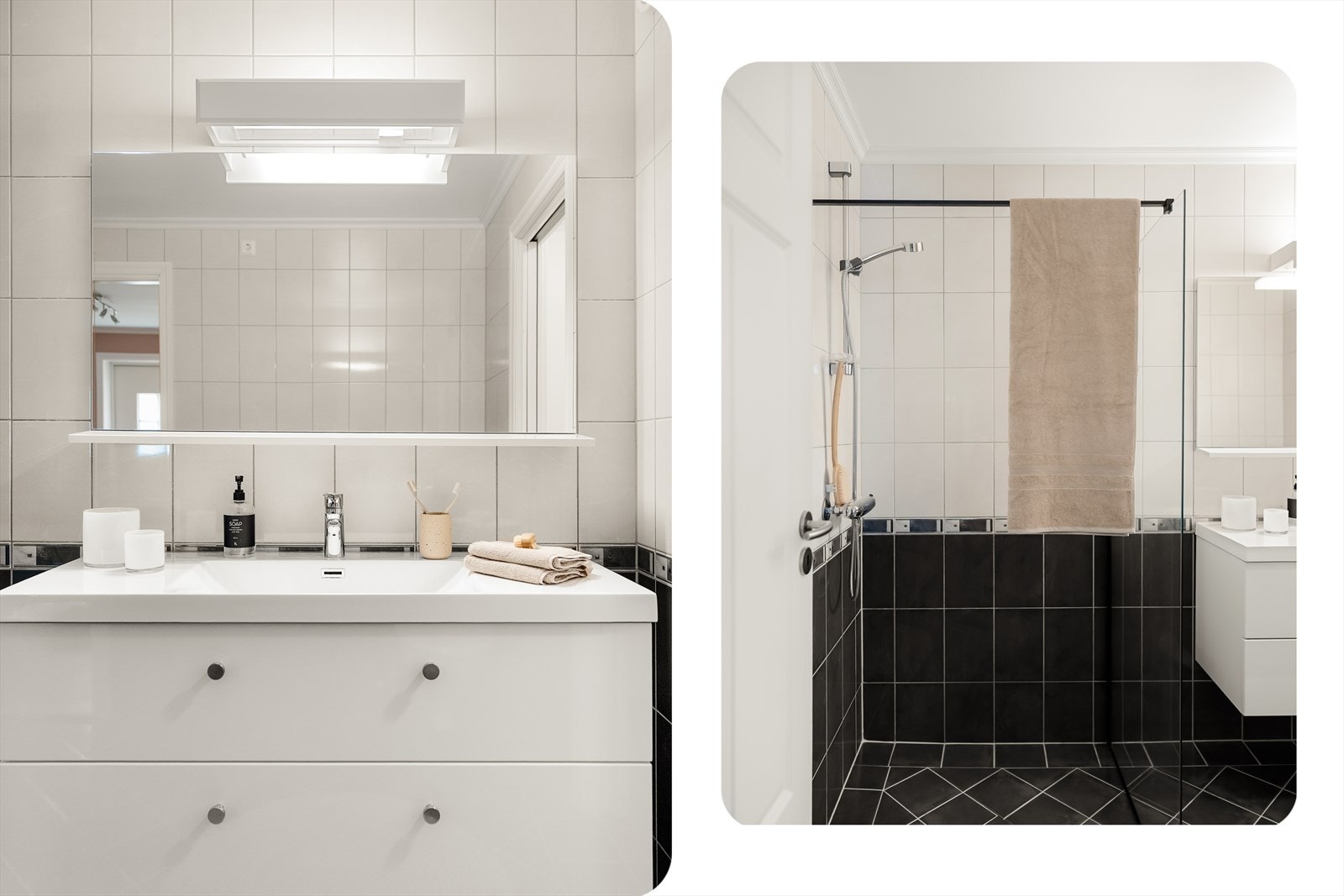 Badet inneholder: Vegghengt toalett, helstøpt servant, skuffer under servant med slette fronter og dusjvegg i klart glass Galleribilde