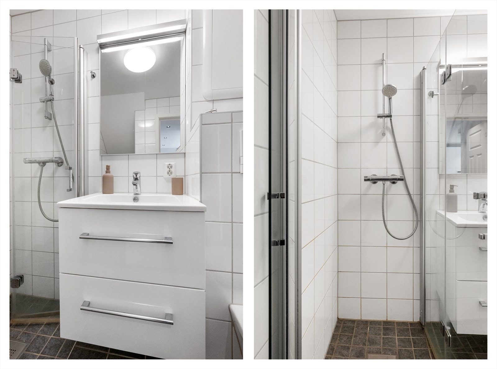 Badet er innredet med vegghengt toalett, dusj med glass foldedør, servant med møblement, speil og belysning. Galleribilde